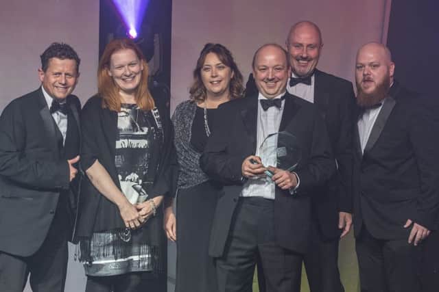 Howard and Byrne representatives received their glistening crystal trophy from BBC sports presenter Mike Bushell at the glitzy ceremony at New Dock Hall.