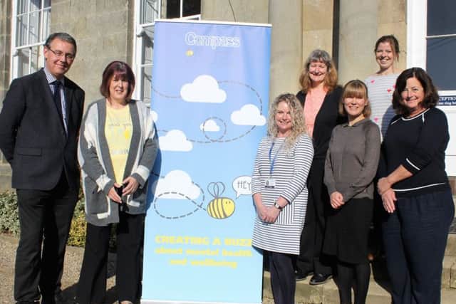 Key staff members from a number of Ryedale Schools are pictured with Sarah Wilmore, wellbeing worker at Compass BUZZ.