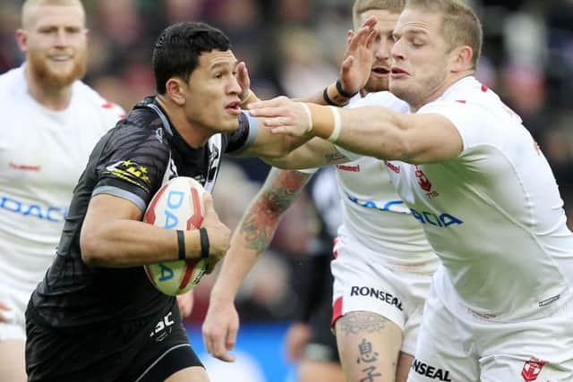 England's George Burgess tackles New Zealand's Dallin Watene-Zelezniak in the first Test in Hull. The England player has been cited for an incident involving the same player in the second Test at Liverpool. (SWPix)