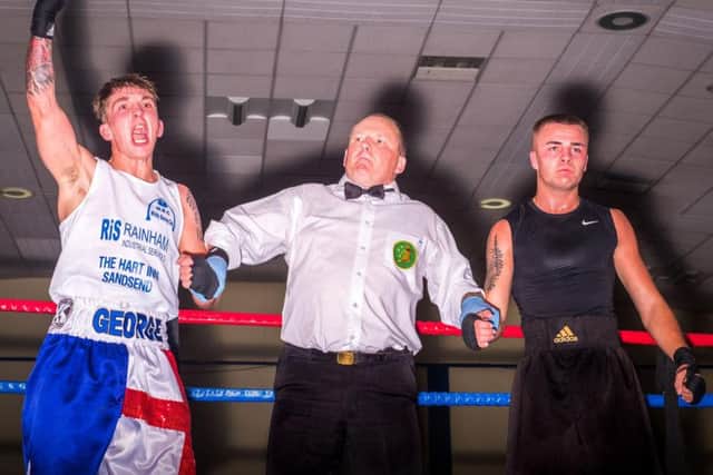 George Stewart shows his delight after beating Kieran Glave from Westway ABC. PICTURES BY GLENN KILPATRICK / THE WHITBY PHOTOGRAPHER