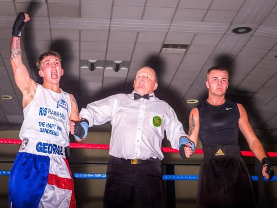 George Stewart shows his delight after beating Kieran Glave from Westway ABC. PICTURES BY GLENN KILPATRICK / THE WHITBY PHOTOGRAPHER