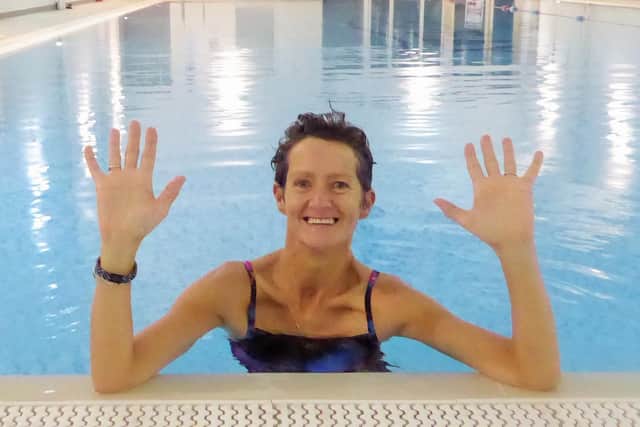 Sharon after completing her sponsored swim. Picture by Julie Stafford.