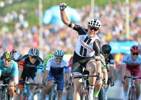 Team Sunweb's Max Walscheid wins the sprint in North Bay Scarborough to take the Tour de Yorkshire, Stage 3.  Richmond to Scarborough.
5 May 2018.  Picture Bruce Rollinson
