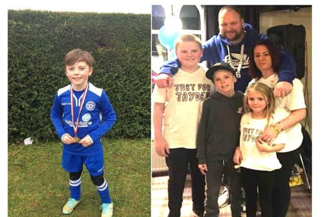Left, Jayden who is battling a rare form of leukaemia and, right, parents Jodie and Jonathan Linton with their children Callum, Jayden and Brooke.