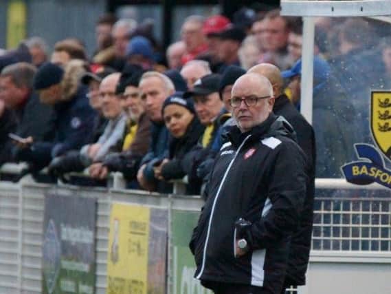 Boro boss Steve Kittrick surveys the action at Basford United. Picture by Mick Gretton.