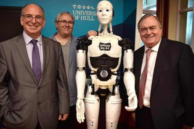 Director of Strategic Relationships Bill Walker Robot designer and professor of Robotics John Murray and Lord John Prescott. Pic: Richard Ponter