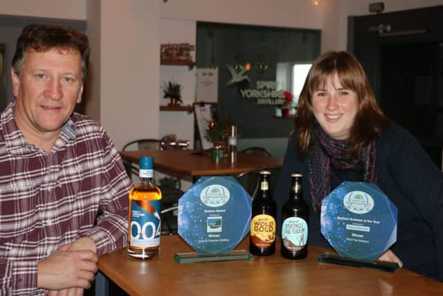 David Thompson from Spirit of Yorkshire and Kate Balchin from Wold Top Brewery with their Scarborough Business awards.