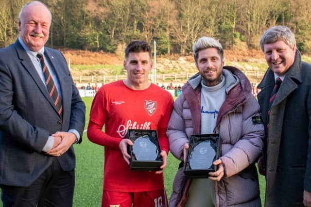 Michael Coulson and Dave Thompson with the awards, flanked by Trevor Bull and Andy Traughton. Picture by Morgan Exley