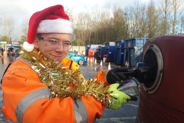 Yorwaste staff member Liam gets festive to spread the recycling message.