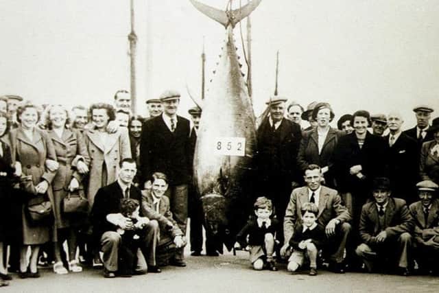 RECORD: The unofficial British record Tunny caught off Whitby in 1949 by John Hedley Lewis, on his first ever fishing trip. Picture courtesy of Wood End Museum.