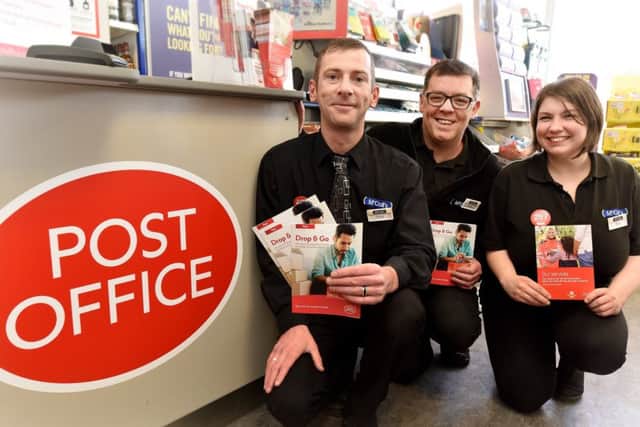 Helredale's McColls store has a Post Office in the store. Ready to serve Manager Michael Purvis,staff James Mills and Nikki Ward.pic Richard Ponter