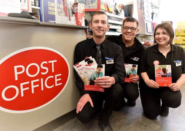 Helredale's McColls store has a Post Office in the store. Ready to serve Manager Michael Purvis,staff James Mills and Nikki Ward.pic Richard Ponter