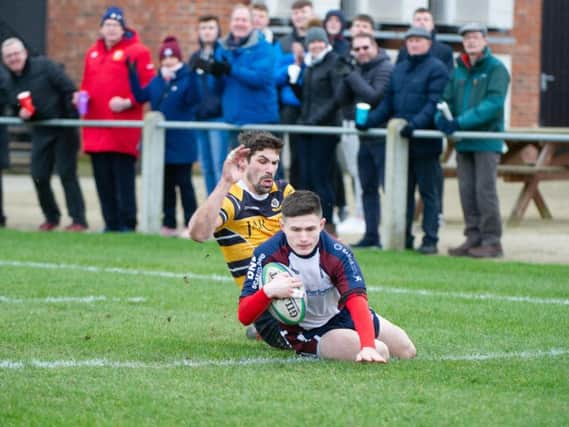 Jonty Holloway crashes over in Scarborough's 35-10 win over West Leeds on Saturday