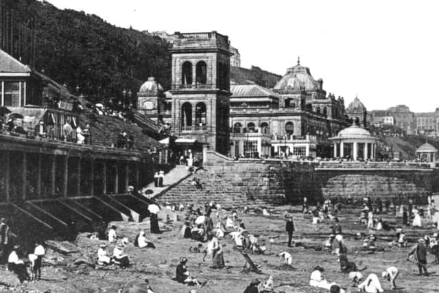 Picture shows Thomas Verity's Grand Hall with the two bandstands to the right and the three-storeyed viewing tower centre left. Verity's Grand Hall was completed in August 1879 with the formal opening taking place the following summer by Sir Francis Wyatt Truscott, Lord Mayor of London. In 1913 a new bandstand with a marble forecourt-colonnade and Grand Hall Café were completed. The tower, known as Prospect Tower, was removed in 1920 and a roof garden added.Photo reproduced courtesy of the Max Payne collection. Reprints can be ordered with proceeds going to local charities. Telephone 0330 1230203 and quote reference number