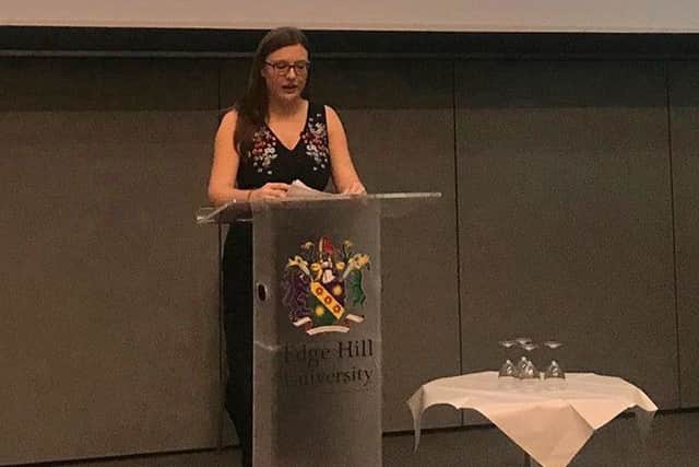 India Cartwright delivers a lecture to her fellow Midwifery students.