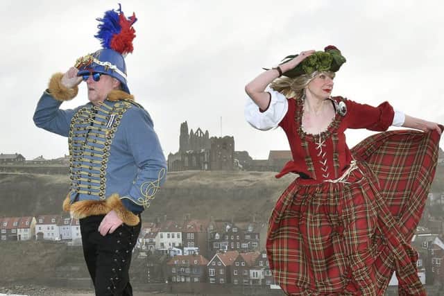 Steam Punks prepare for the big event in Whitby in a couple of weeks. Andy and Michelle Dolan on Whitby's windy West Cliff.