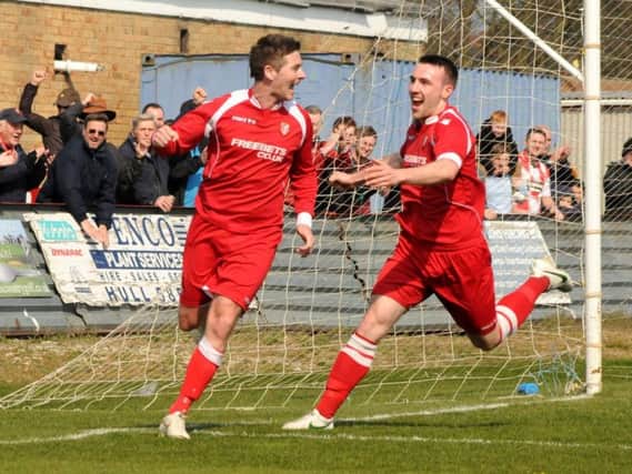 Bryan Hughes scores the goal that booked Boro promotion from the NCEL Premier Division