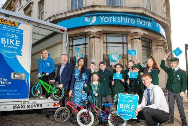 The Bike Libraries collection tour makes a stop a Yorkshire Banks Harrogate branch - with pupils from Brackenfield School, Harrogate