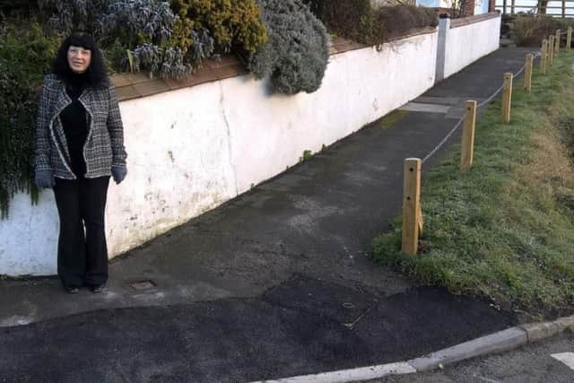 Councillor Roberta Swiers with the dropped kerb in Mount View, Muston