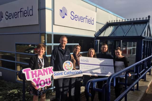 Hospice fundraiser Nicky Grunwell, Chris Burns, Jenny Wilkie, Cat Bell, Craig Baker and Kate Starkie at Severfield.