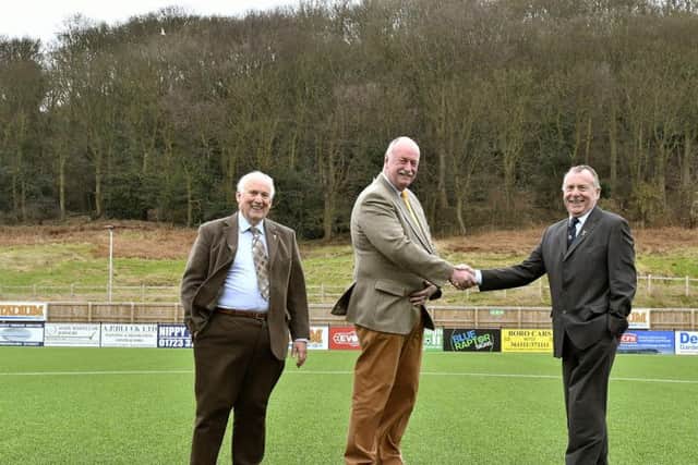 Boro chairman Trevor Bull, centre, with SBC's Cllr Martin Smith and Cllr Derek Bastiman Picture by Richard Ponter