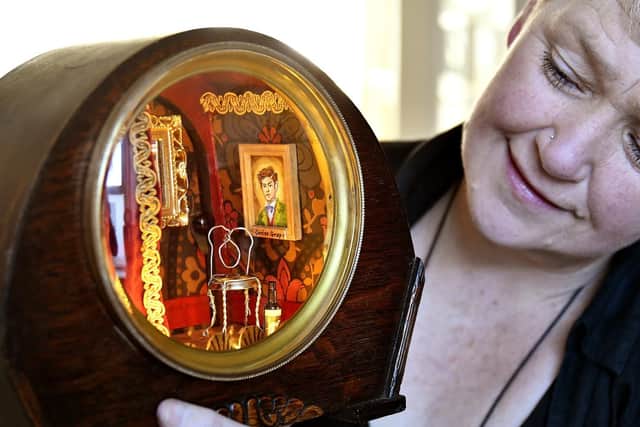 Helen Birmingham with Time, he's waiting in the wings by Scarborough artist Lynne Arnison