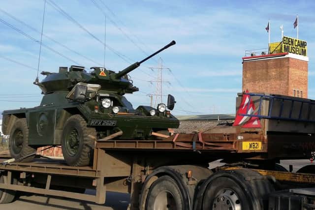 The Fox Armoured Car arrives at Eden Camp Modern History Theme Museum.
