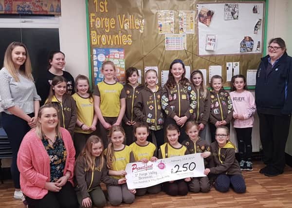 The 1st Forge Valley Brownies are presented with a cheque from Proudfoot supermarkets.