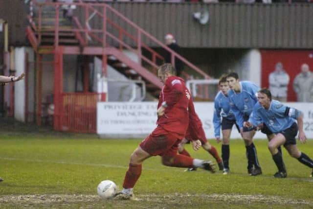 Neil Redfearn puts Scarborough FC 3-0 ahead in the 5-1 win against York City at the McCain Stadium on Boxing Day 2004