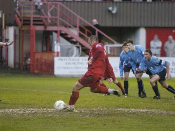 Neil Redfearn puts Scarborough FC 3-0 ahead in the 5-1 win against York City at the McCain Stadium on Boxing Day 2004