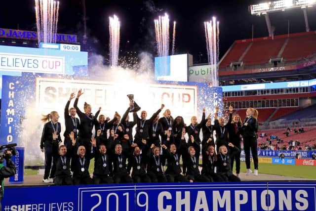 England lift the SheBelieves Cup in Tampa after beating Japan 3-0. Picture: Getty Images.