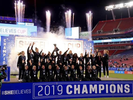 England lift the SheBelieves Cup in Tampa after beating Japan 3-0. Picture: Getty Images.