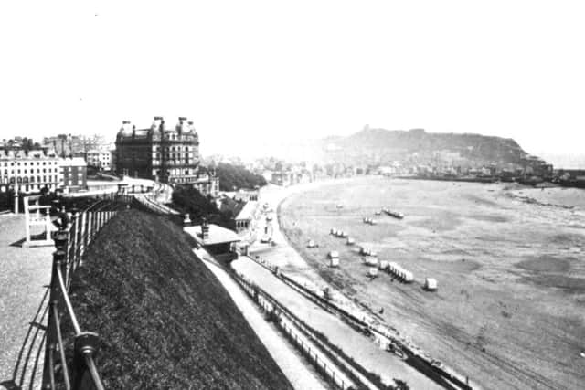 A spectacular view of Scarborough's wonderful south bay taken from the Esplanade. Dominating the centre of the picture is the Grand Hotel which at the time of opening in 1867 was the largest and most advanced in Europe. Bathing machines can be seen lined up on the beach below the hotel.Photo reproduced courtesy of the Max Payne collection. Reprints can be ordered with proceeds going to local charities. Telephone 0330 1230203 and quote reference number
