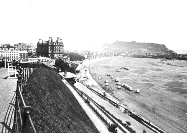 A spectacular view of Scarborough's wonderful south bay taken from the Esplanade. Dominating the centre of the picture is the Grand Hotel which at the time of opening in 1867 was the largest and most advanced in Europe. Bathing machines can be seen lined up on the beach below the hotel.
Photo reproduced courtesy of the Max Payne collection. 
Reprints can be ordered with proceeds going to local charities. Telephone 0330 1230203 and quote reference number
