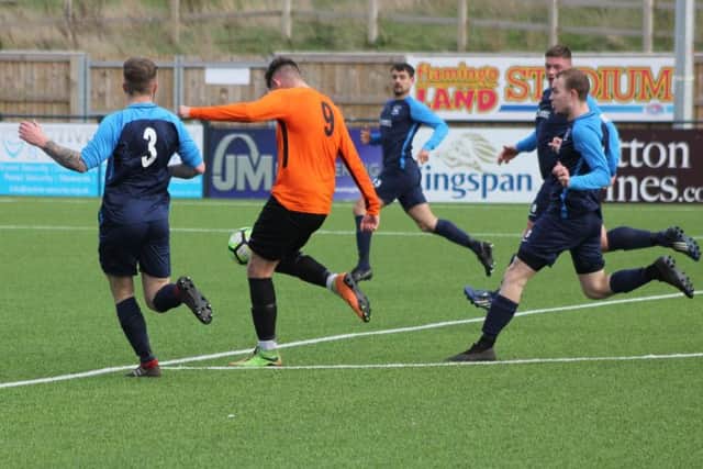 Robbie Scarborough volleys Edgehill into a 2-1 lead
PICTURES BY ALEC COULSON