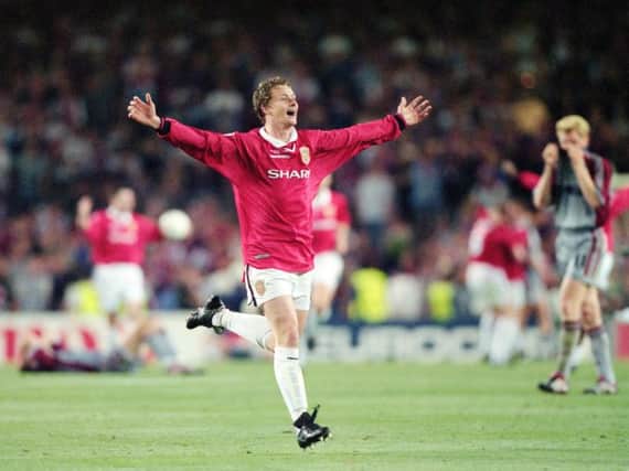 Ole Gunnar Solskjaer celebrates the dramatic Champions League success in 1999. Picture: Getty Images