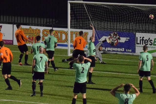 Kieran Link fires Edgehill 2-0 ahead. Picture: Simon Dobson