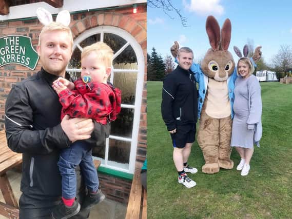 Left: Matt with Oakley who he is taking on the marathon in honour of. Right: Matt and Charlotte Dugdale