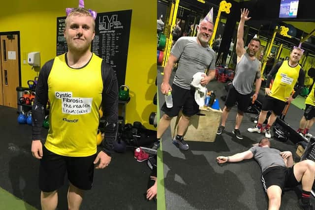 Matt during his burpee challenge. Pictured right with gym instructors are Ricky Stewart Rob Sewell.