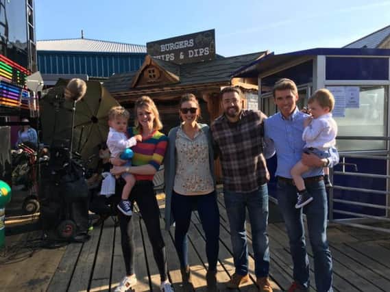 Actors Catherine Tyldesley and Jason Manford (middle) with Luna Park owners Cassie and Dane Crow and their twin boys.