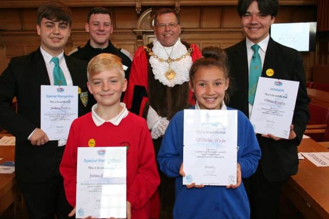 Pictured back left to right - Jackson Prosser (Scalby School), Mally Leybourn (Mayors Cadet), Joe Plant (Mayor of the Borough of Scarborough), Cihan Eroglu (Scalby School). Pictured front - James Breckon (Oakridge School, Hinderwell) and Michelle Wade (Seamer and Irton Primary School)