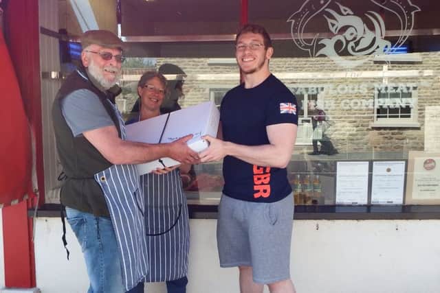 Alan and Amanda Goodwill from the Fabulous Meat and Fish Company with Ryedale powerlifter Ben Wharton.