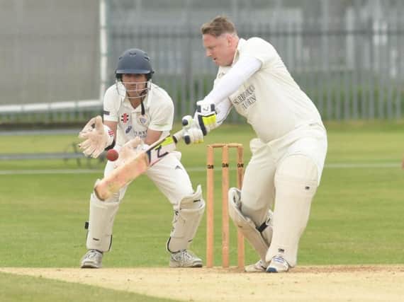Wykeham veteran Steve Clegg tries to free his arms outside the off-stump during his side's win at Bridlington 2nds. Picture by Dom Taylor.
