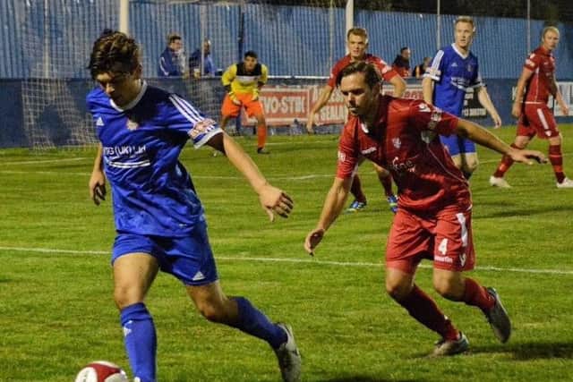 Midfielder Jordan Deacey in action for Farsley Celtic against Boro