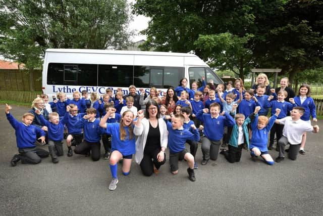 Lythe School celebrate their Good Ofsted with Head Teacher Lisa Armstrong ,pupils and staff. pic Richard Ponter