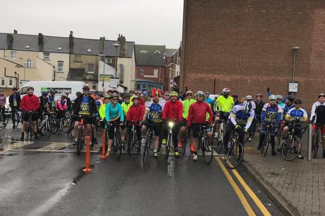 The riders at the start line, opposite Scarborough police station.