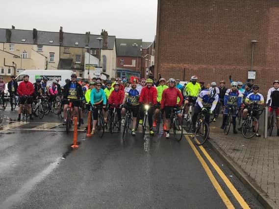 The riders at the start line, opposite Scarborough police station.