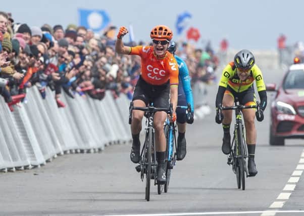 ASDA Womens Tour de Yorkshire Stage 2: Bridlington to Scarborough.
Marianne Vos, Team CCC, win the womens Tour de Yorkshire in Scarborough.
4 May 2019.
Picture Bruce Rollinson