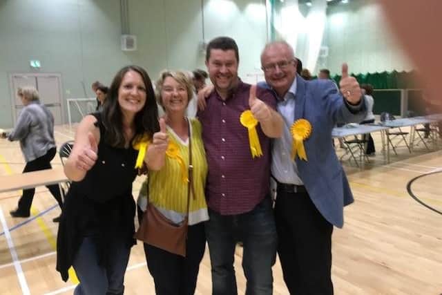 Members of the Liberal Democrat team celebrating the Bridlington North result at Bridlington Leisure Centre last night.