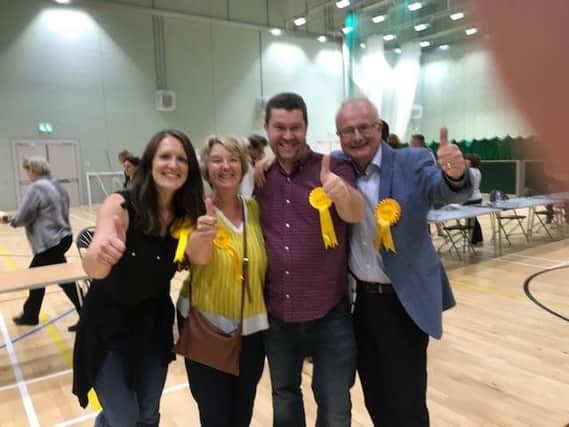 Members of the Liberal Democrat team celebrating the Bridlington North result at Bridlington Leisure Centre last night.